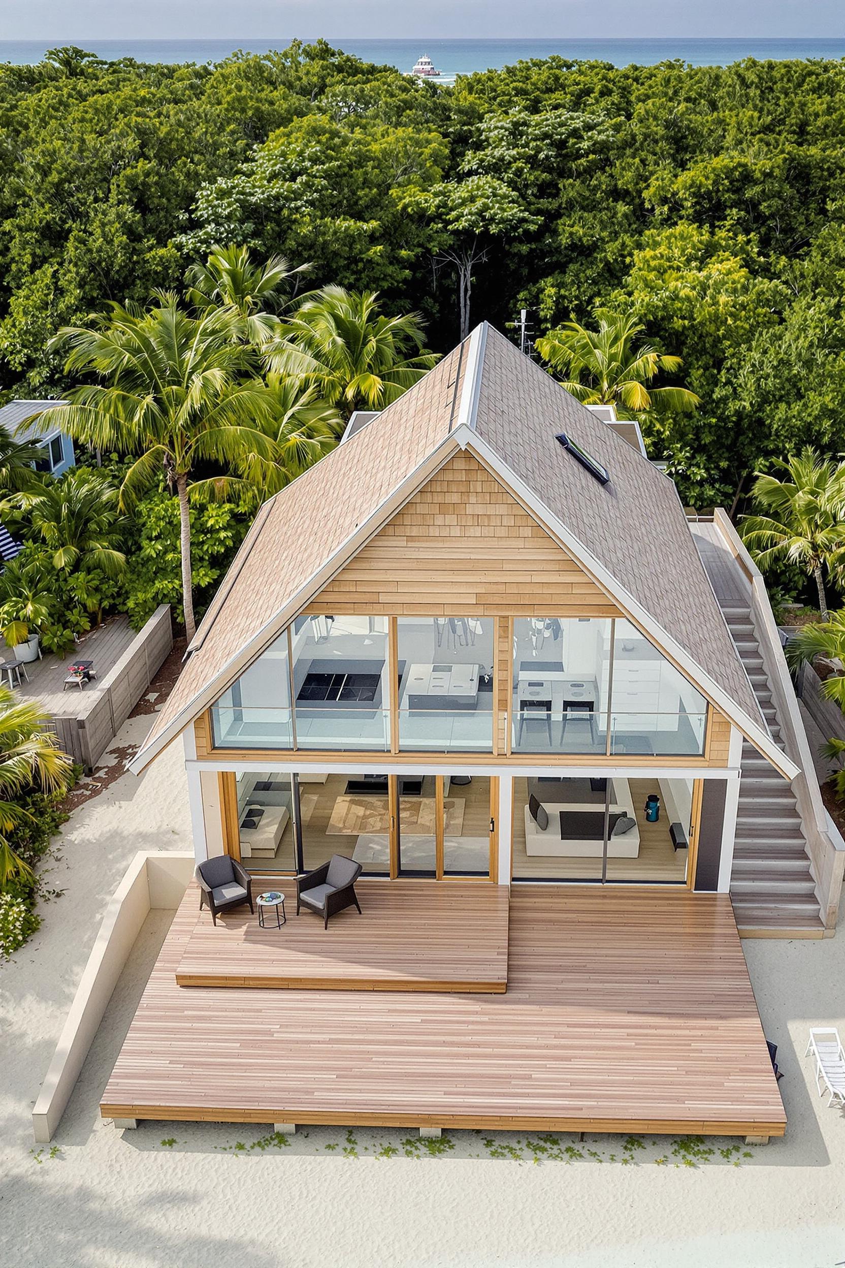 Modern beach house with large windows and expansive deck