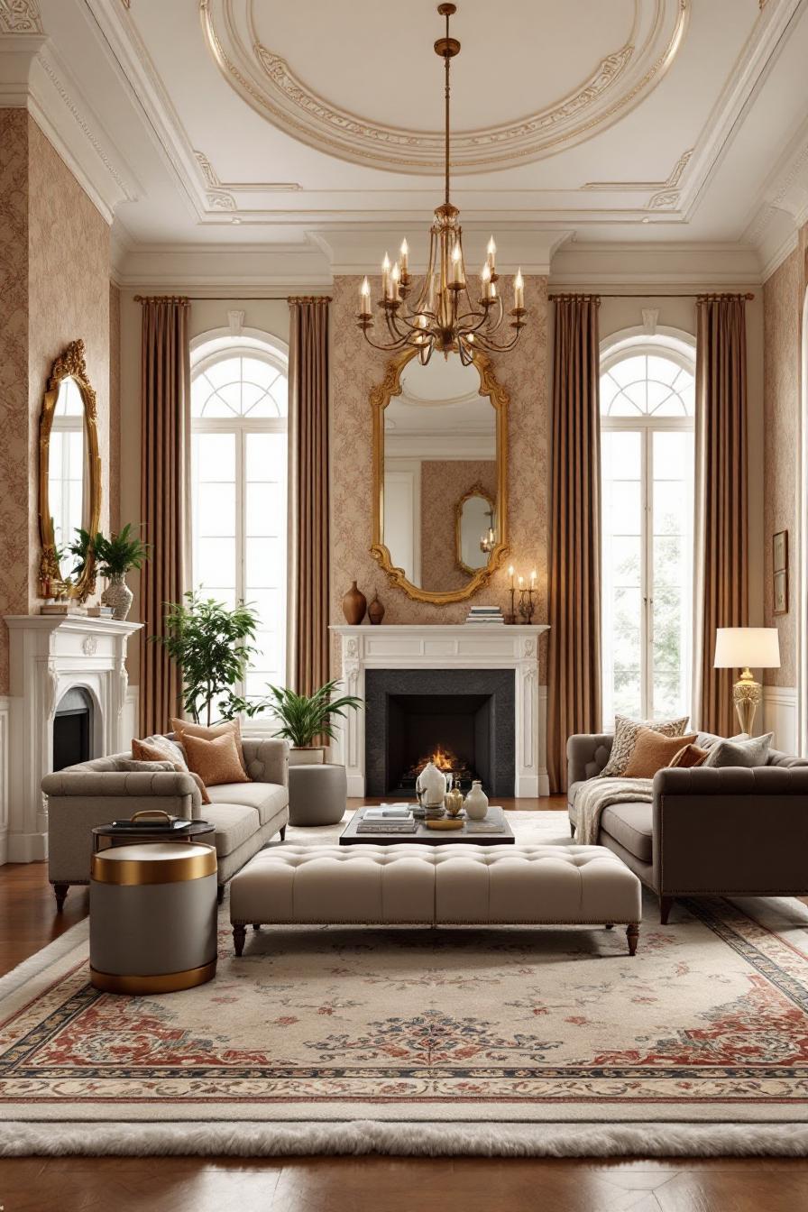 Colonial living room with fireplace, chandeliers, and arched windows