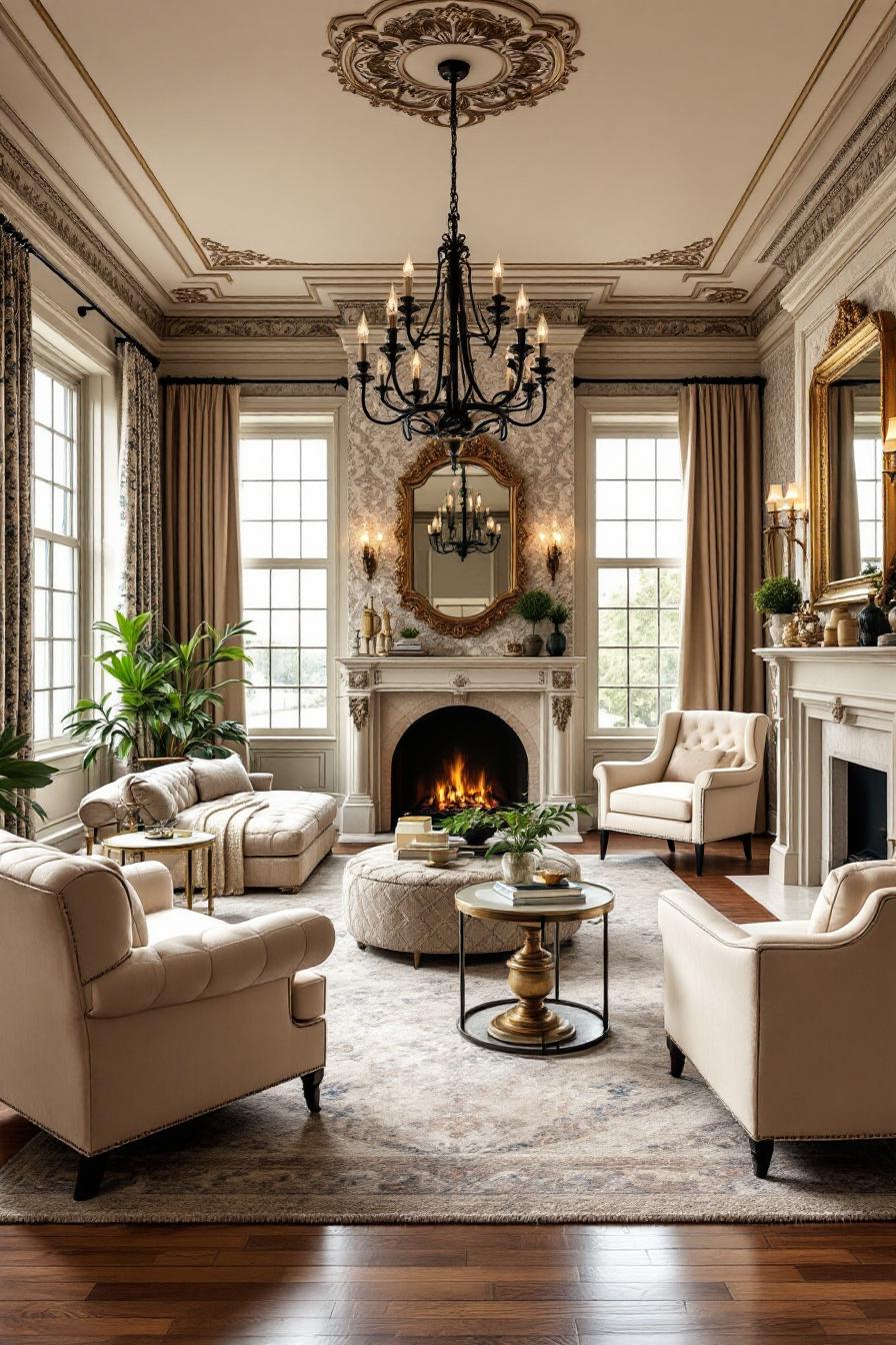 Elegant colonial living room with a chandelier and fireplace