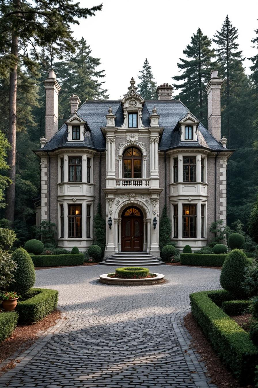 Elegant French style home with intricate stonework and lush greenery