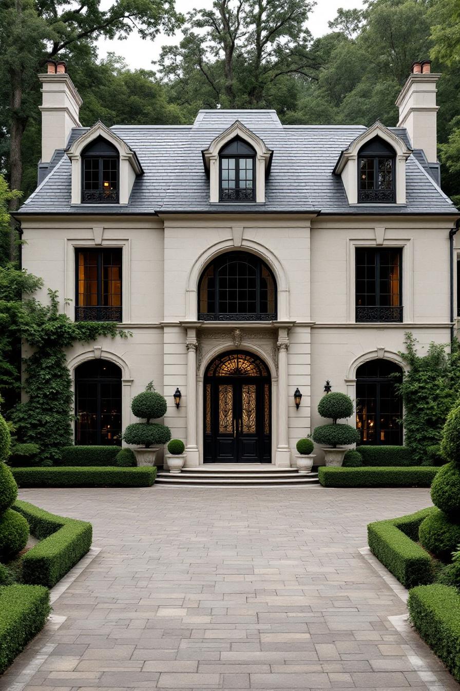 A stunning mansion with a stately entrance and lush landscaping