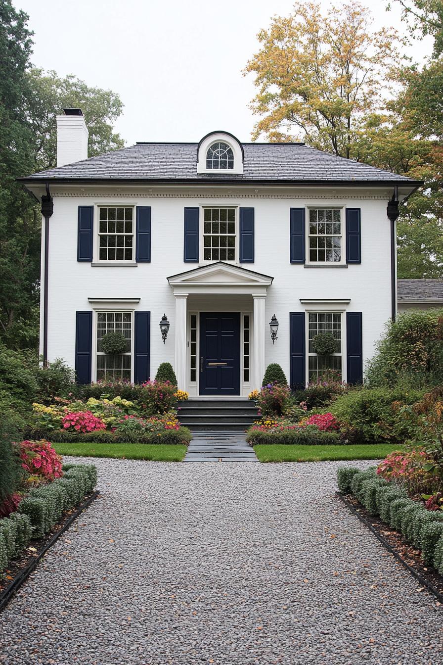 Elegant Georgian house with blue shutters and lush garden