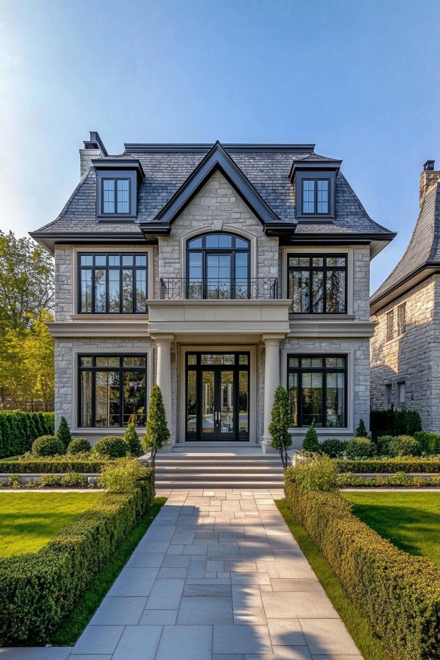 Stately stone house with black accents and manicured garden