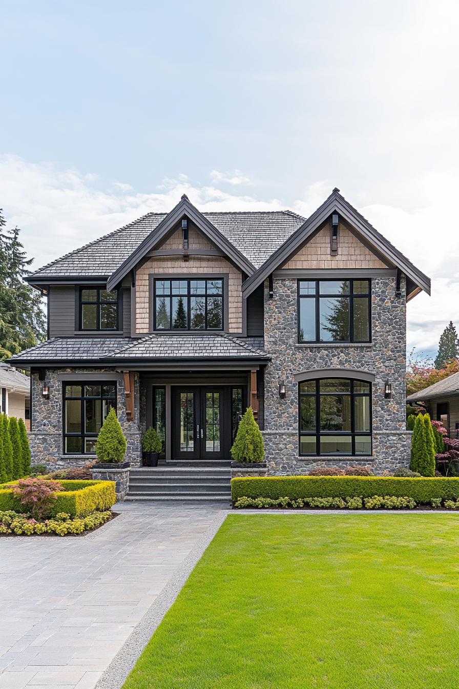 Modern two-story house with stone façade and manicured lawn