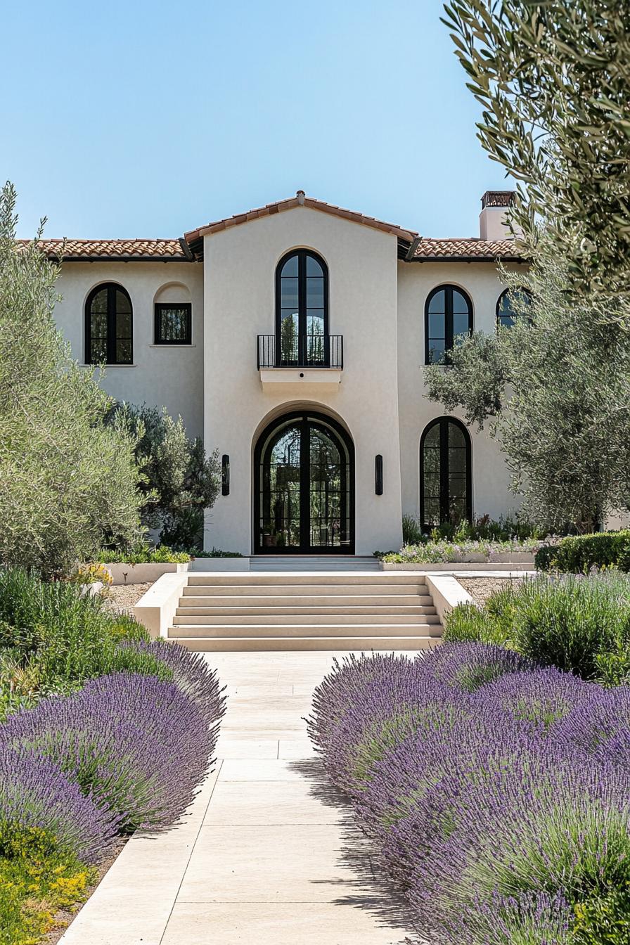 Elegant Mediterranean house with lavender-lined pathway