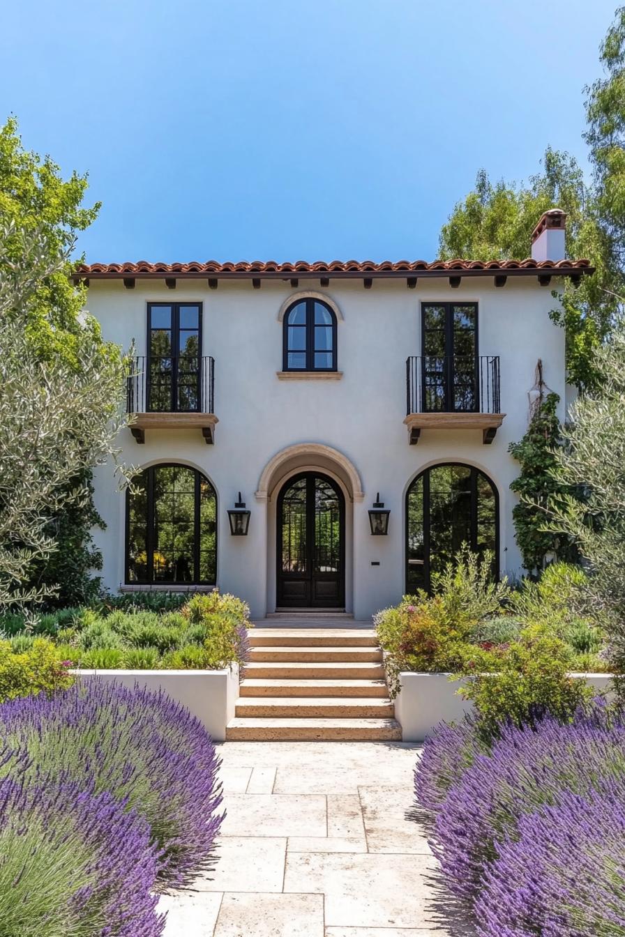 Front garden leading to a Mediterranean-style house with arched windows