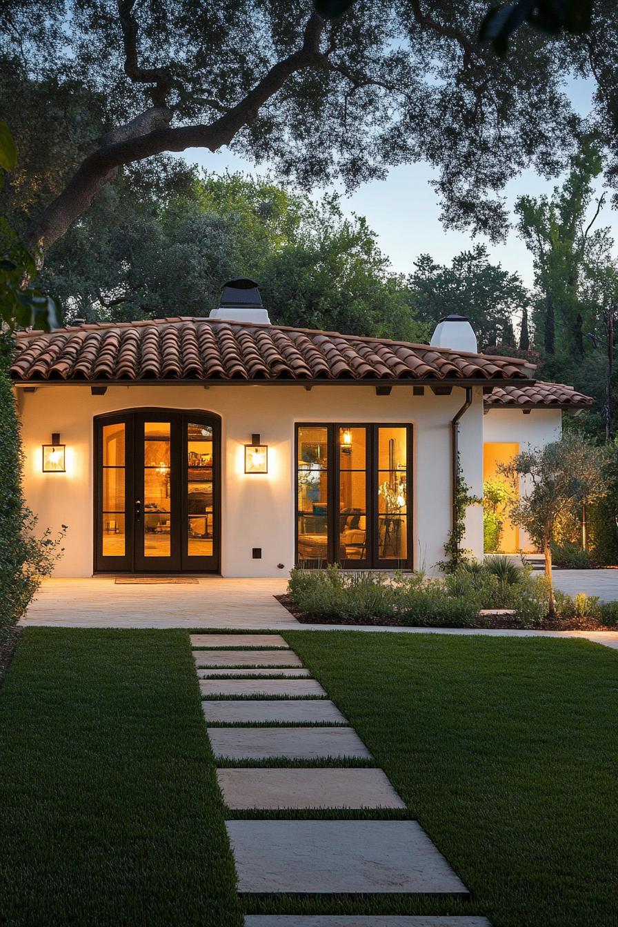 Bungalow with clay roof tiles and arched doors