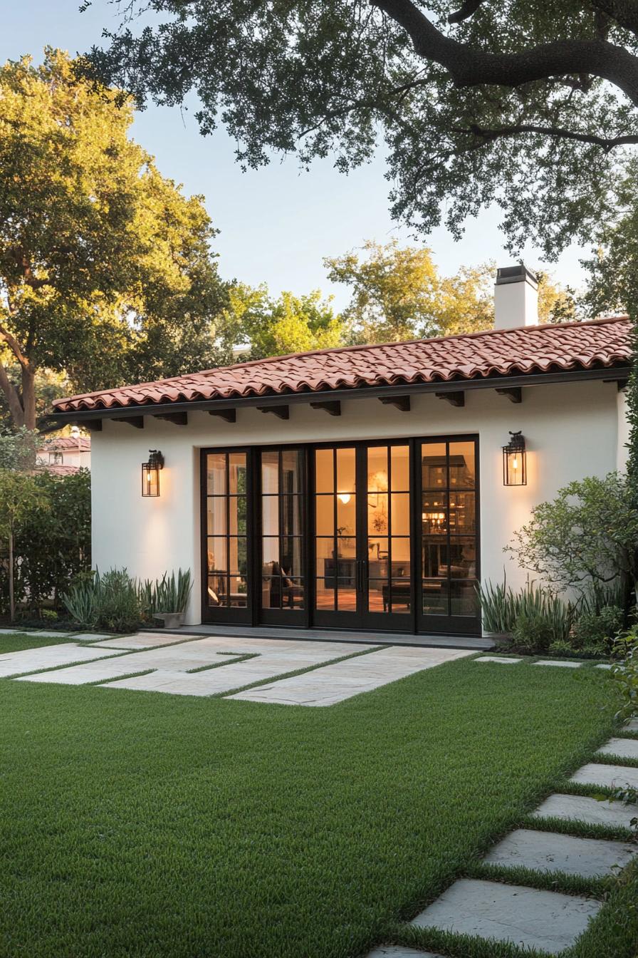 Spanish-style bungalow with a red-tiled roof and large windows