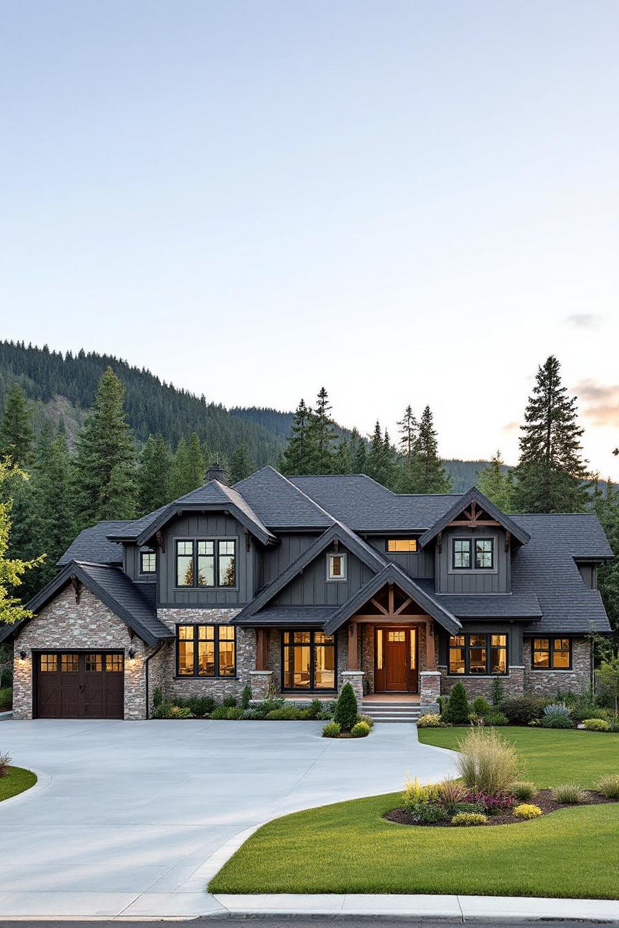 Elegant mountain house with stone and woodwork