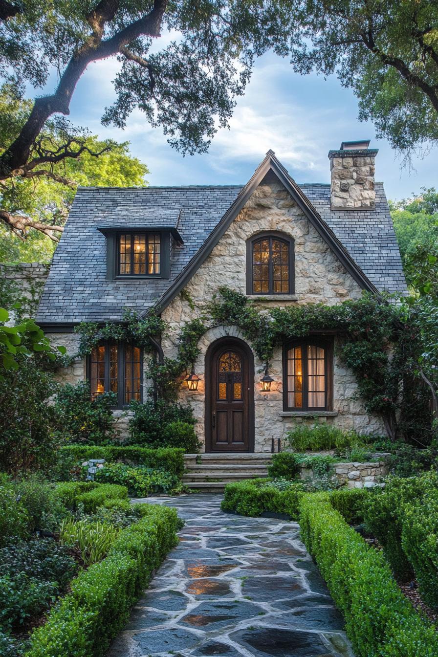 Charming stone cottage with lush greenery