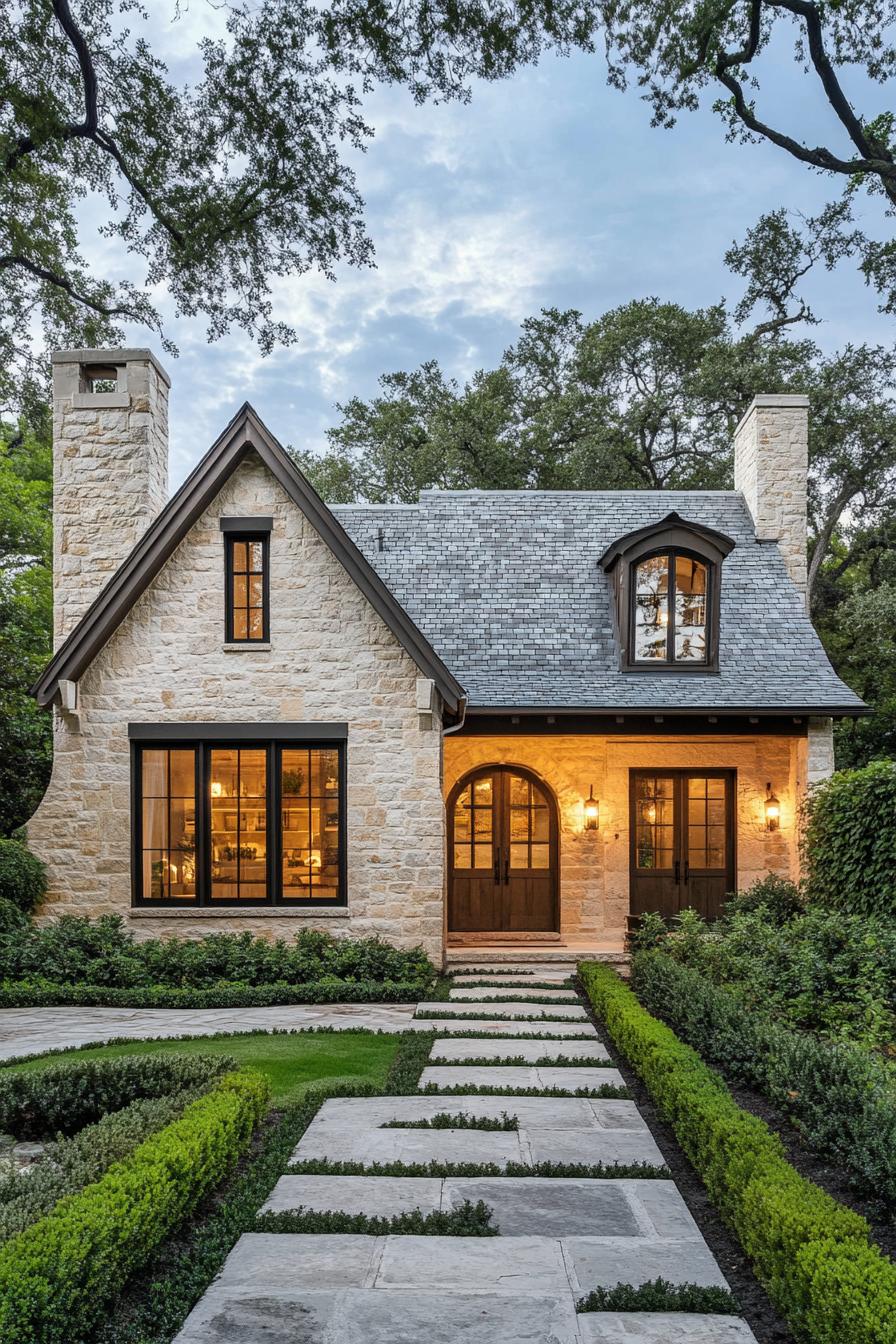 Stone cottage amidst lush greenery with glowing windows