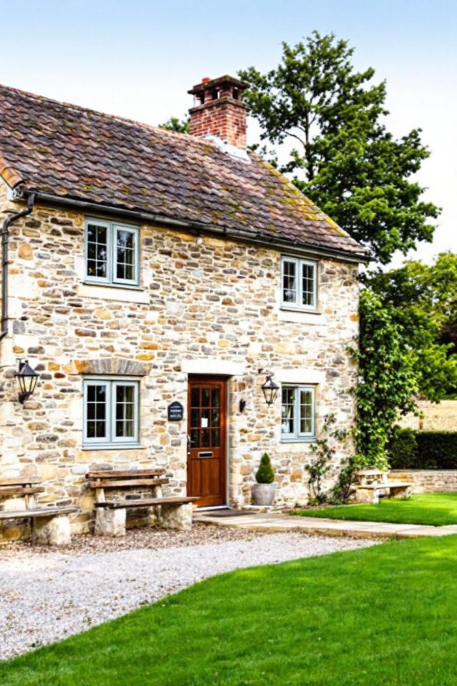 Quaint stone cottage with green lawn