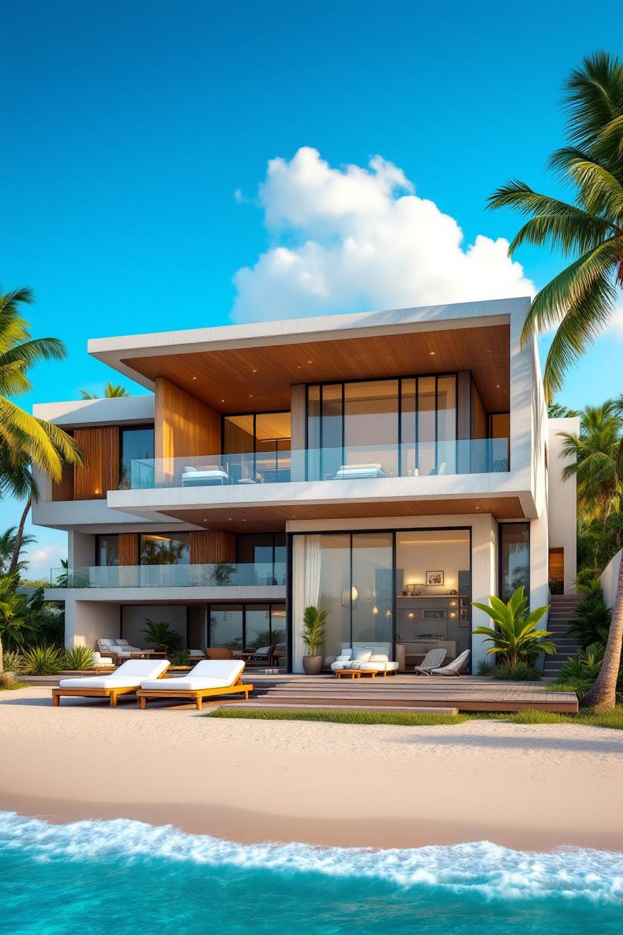 Modern beach house with glass windows by the shore