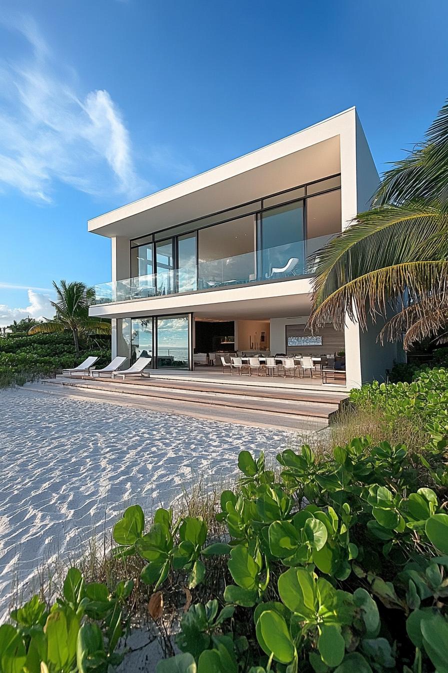 Modern beach house with large windows and lush greenery