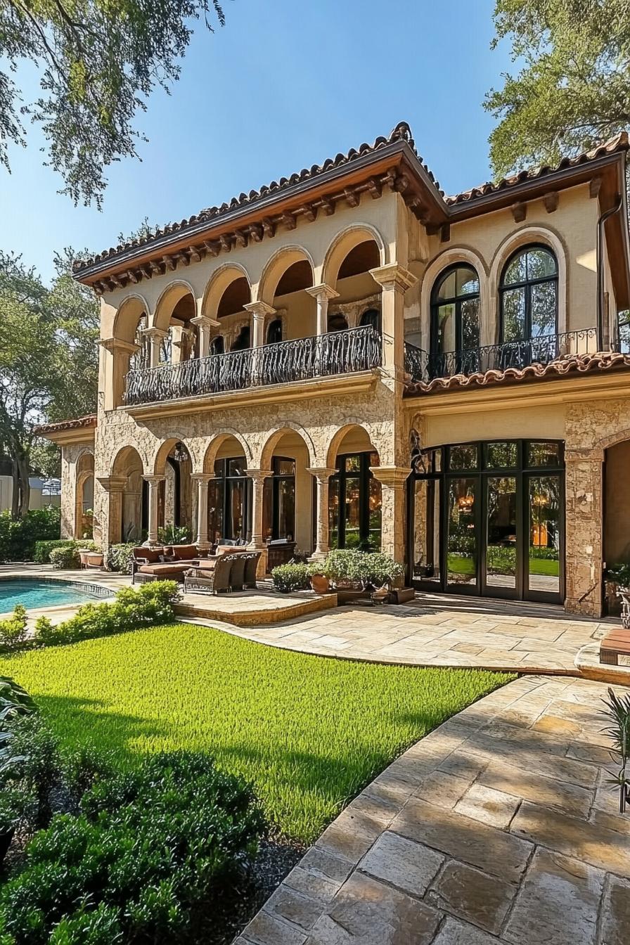 Elegant Mediterranean villa boasting archways and lush garden