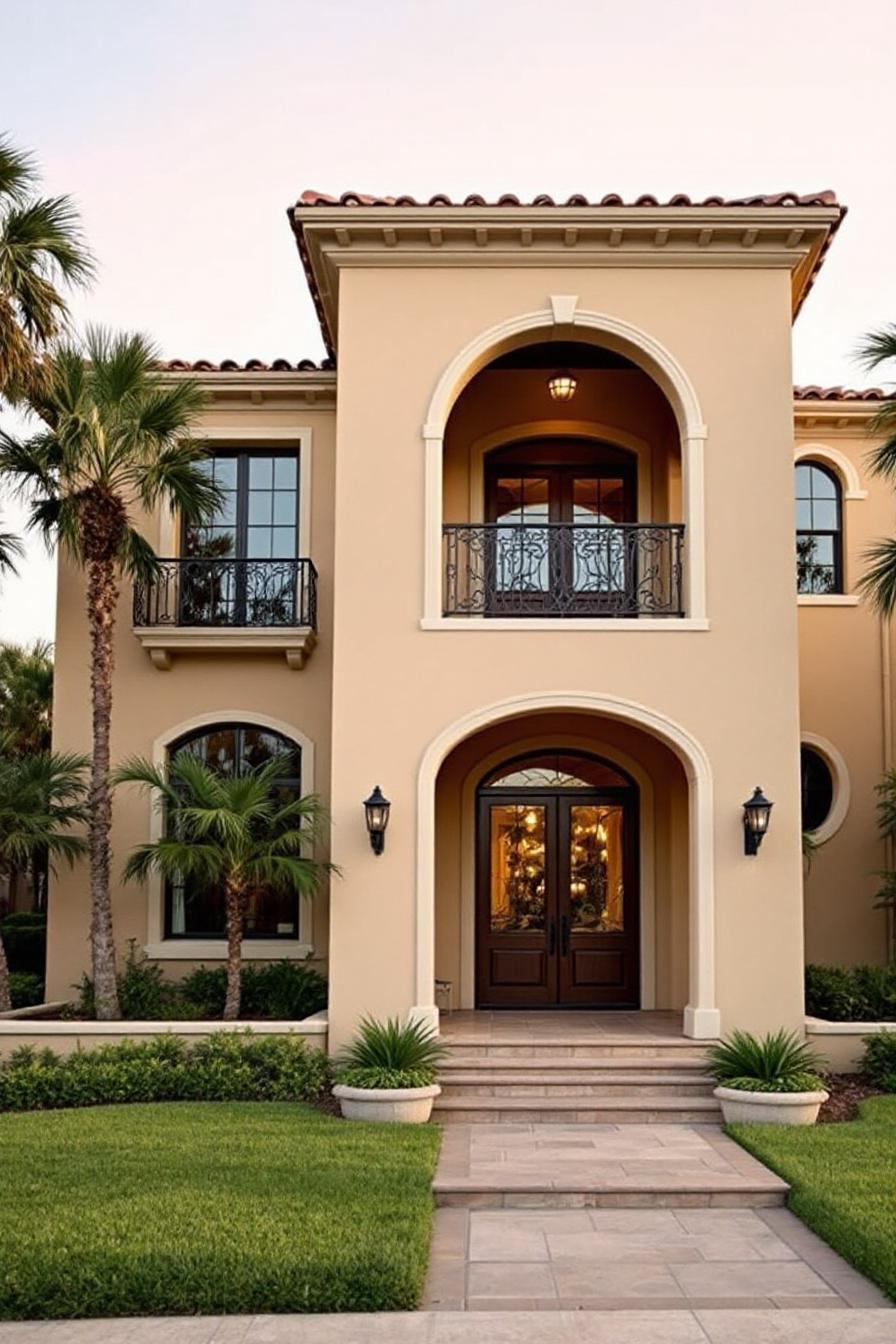 Elegant villa facade with palm trees and arches