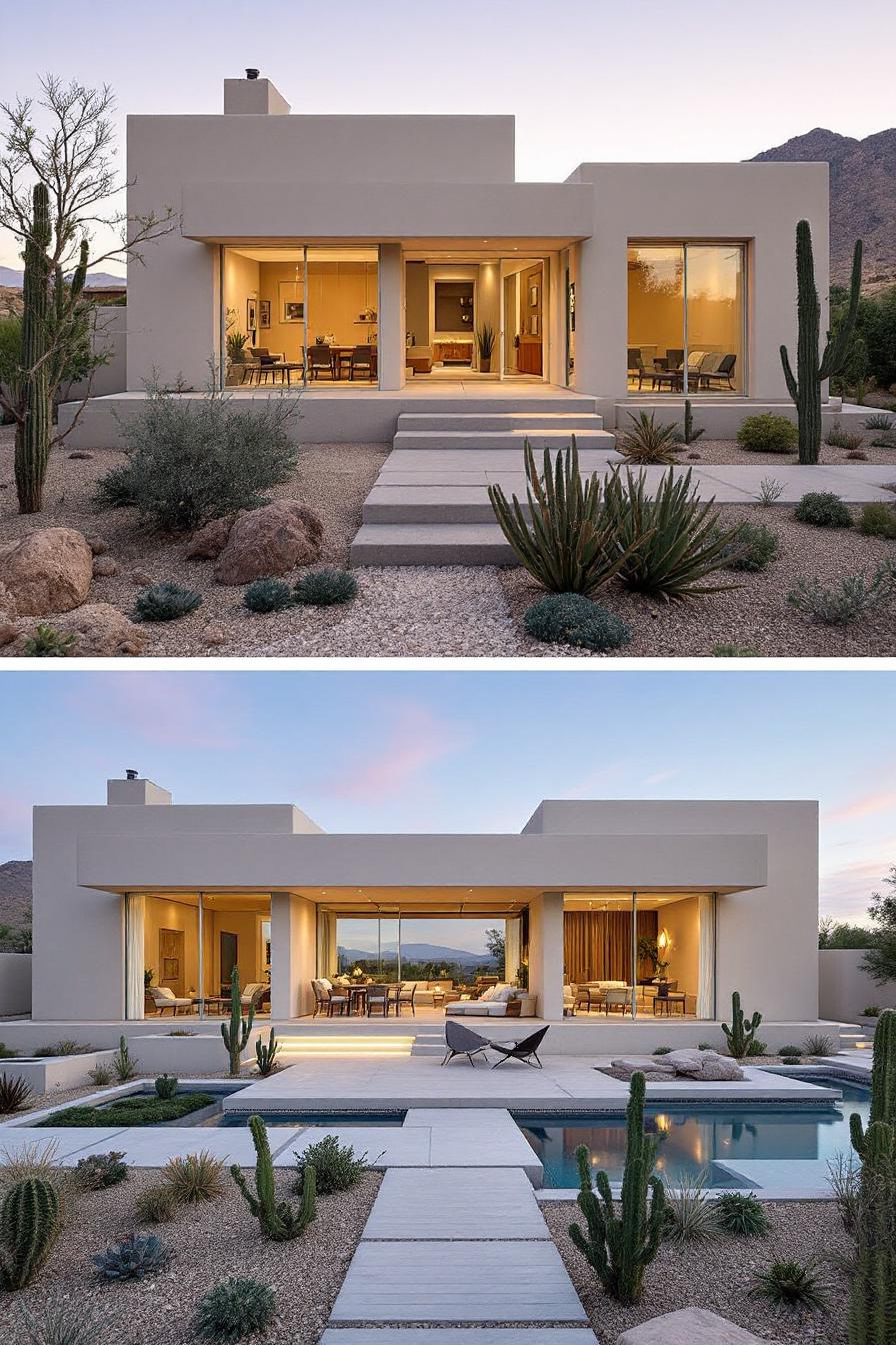 Sleek house with large windows surrounded by cacti and desert plants