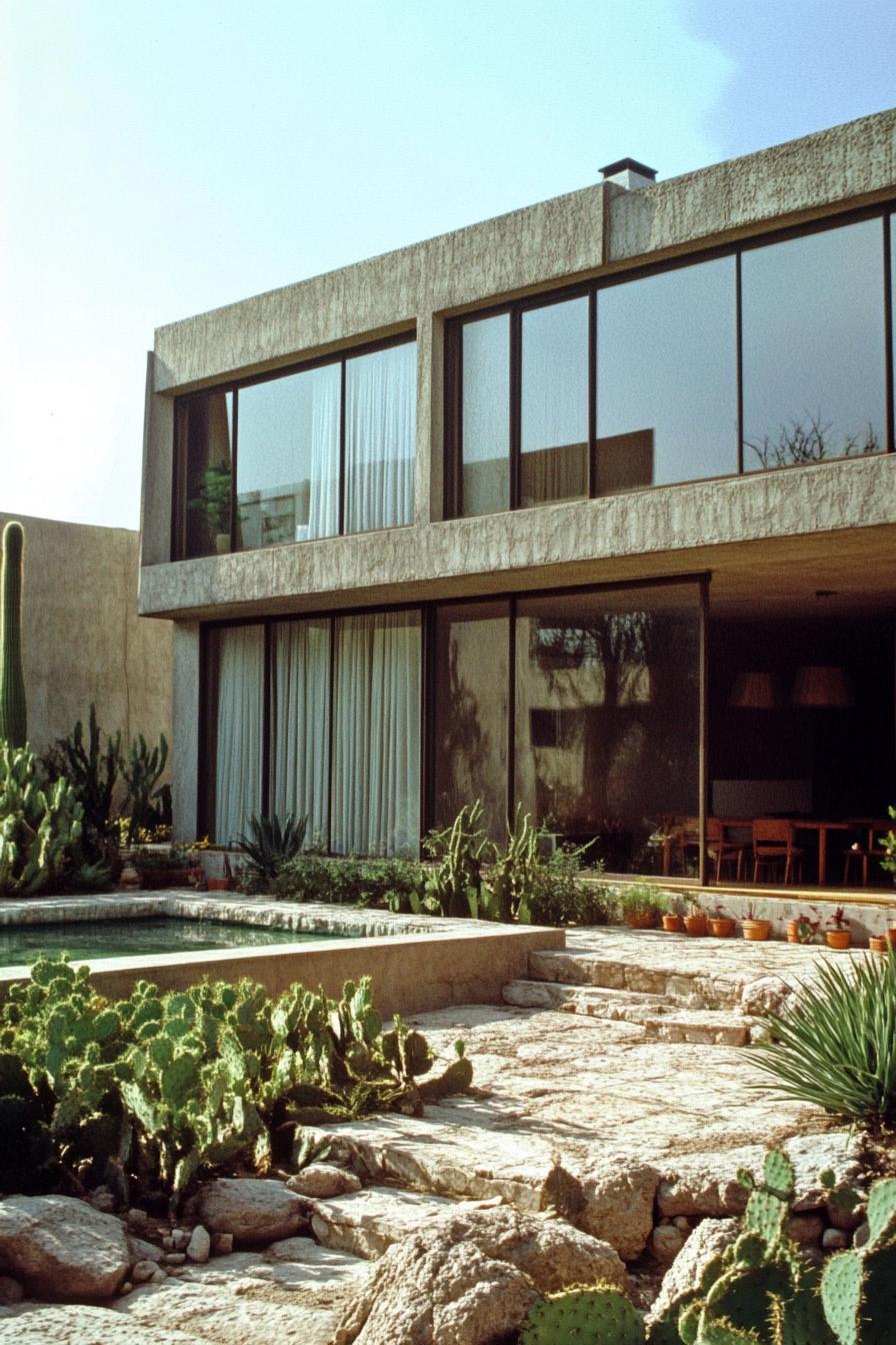 Modern Mexican house with large windows and cacti garden