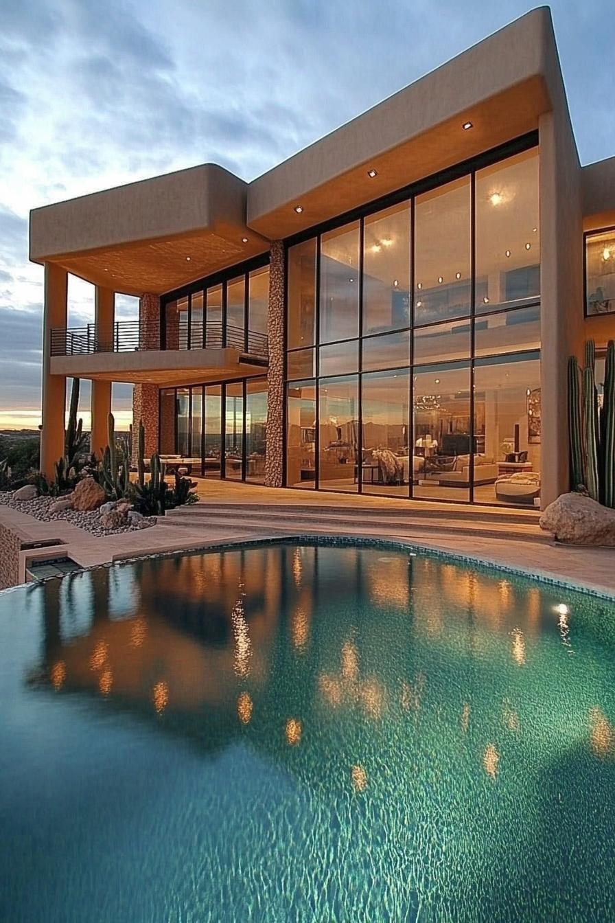 Modern glass-front house beside a pool at twilight