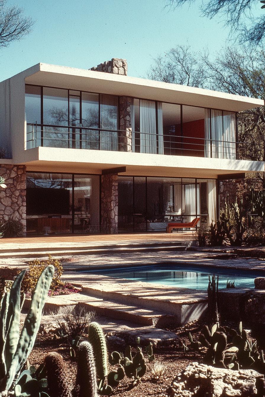 Contemporary glass house with a sleek pool and cacti