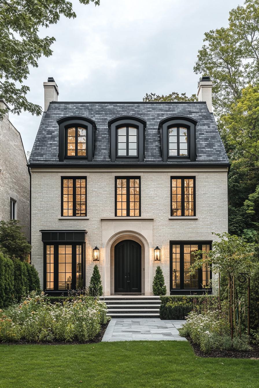 Elegant French home with arched windows and lush garden