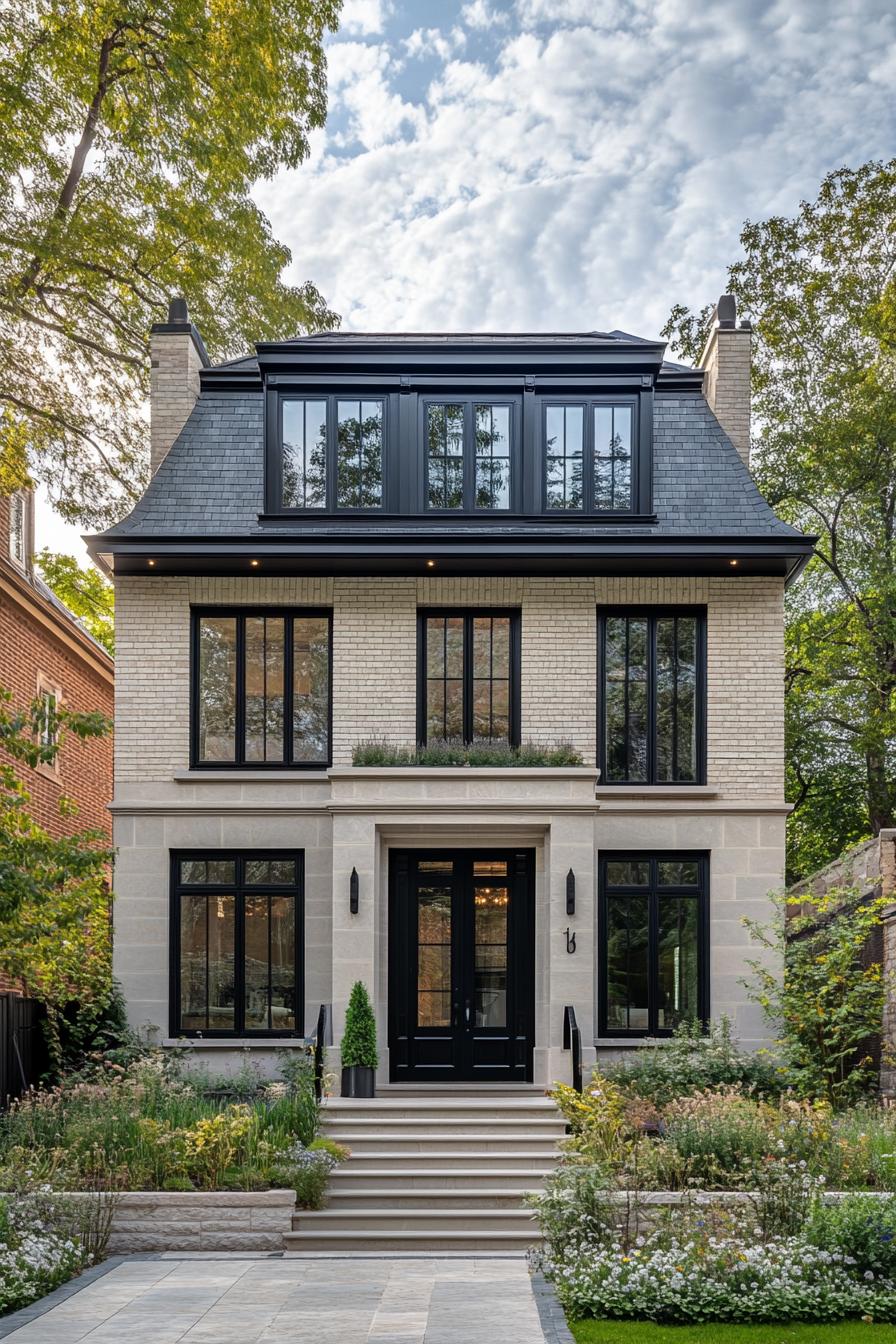 Modern French-style house with stone facade and black windows