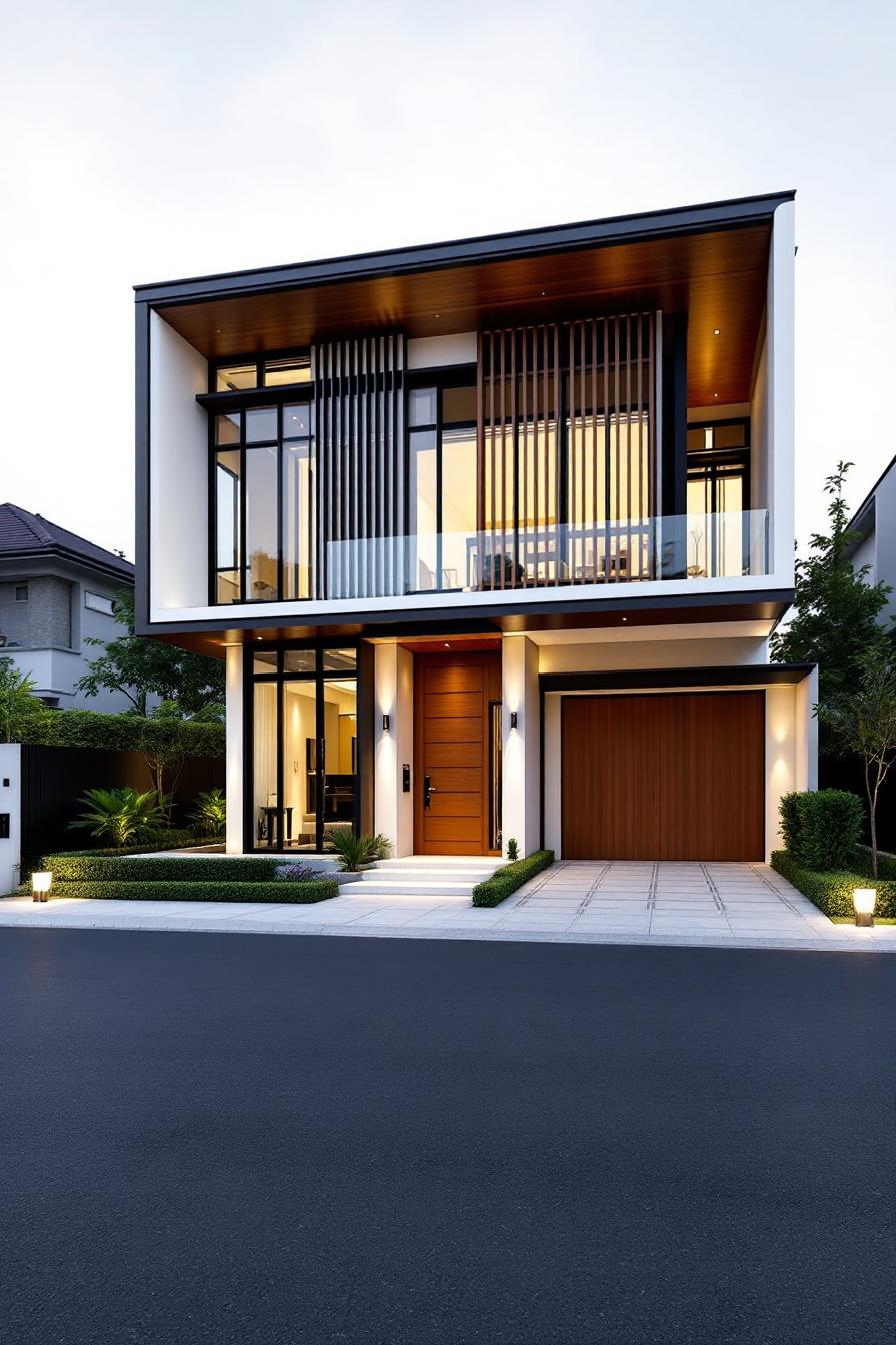 Modern Thai house with large windows and wooden paneling