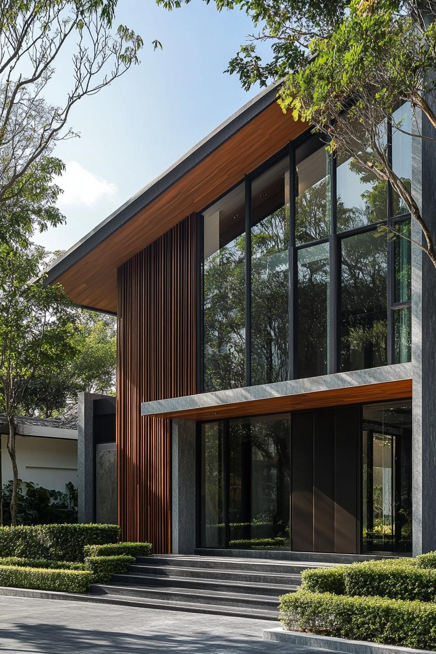 Contemporary house with wood paneling and glass walls