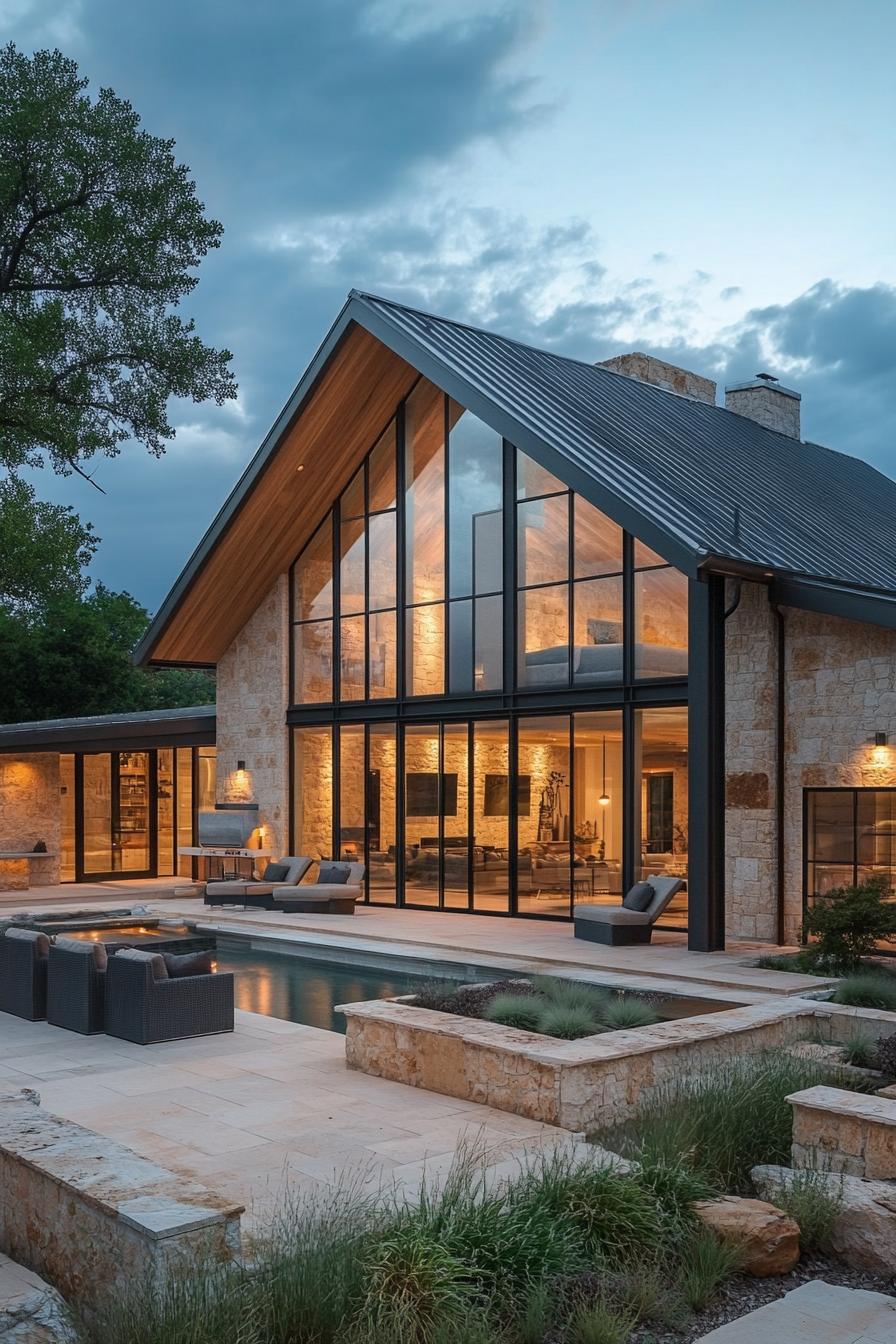 A modern barndominium with glass facade and pool