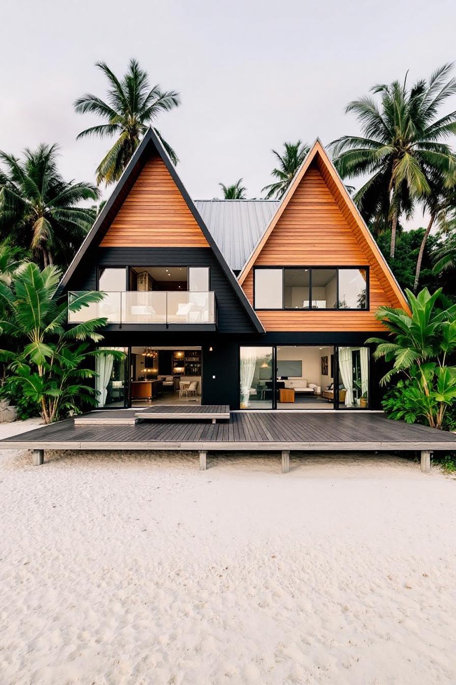 Modern triangular beach house with palm trees