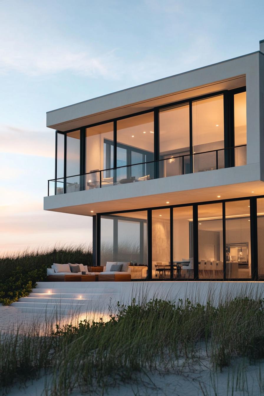 Modern beach house with large glass windows at sunset