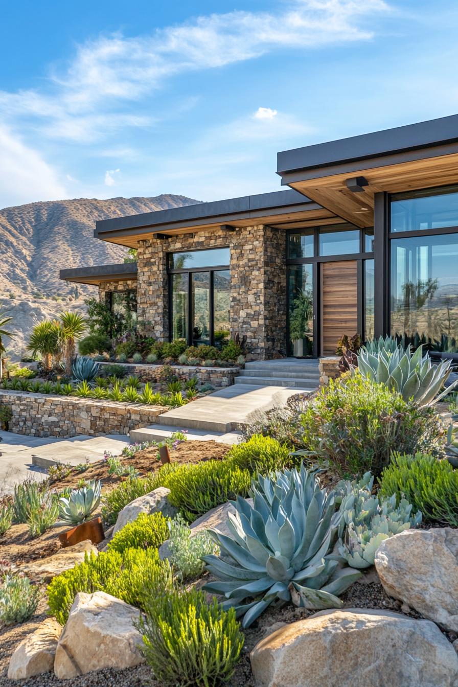 Modern bungalow with stone walls and large glass windows