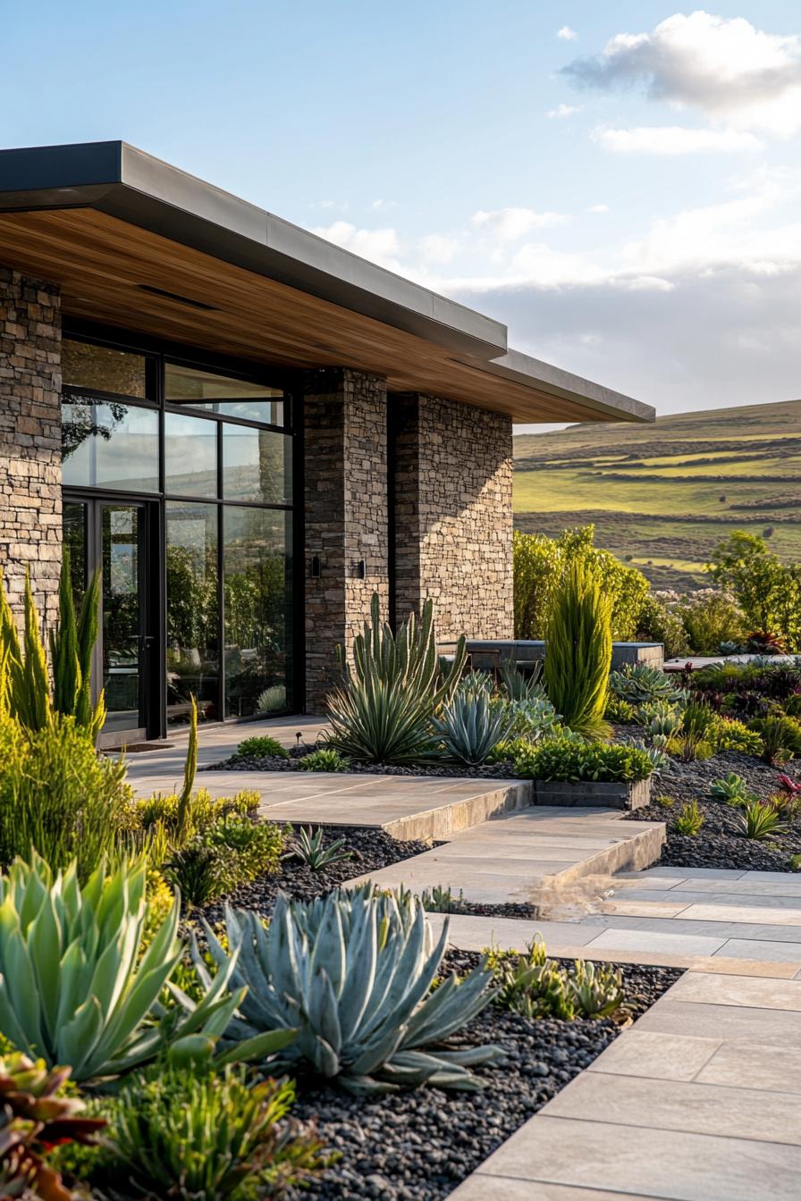 Modern bungalow with stone facade and lush landscaping