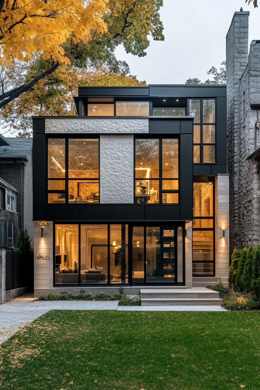 Modern house with large glass windows and lighting