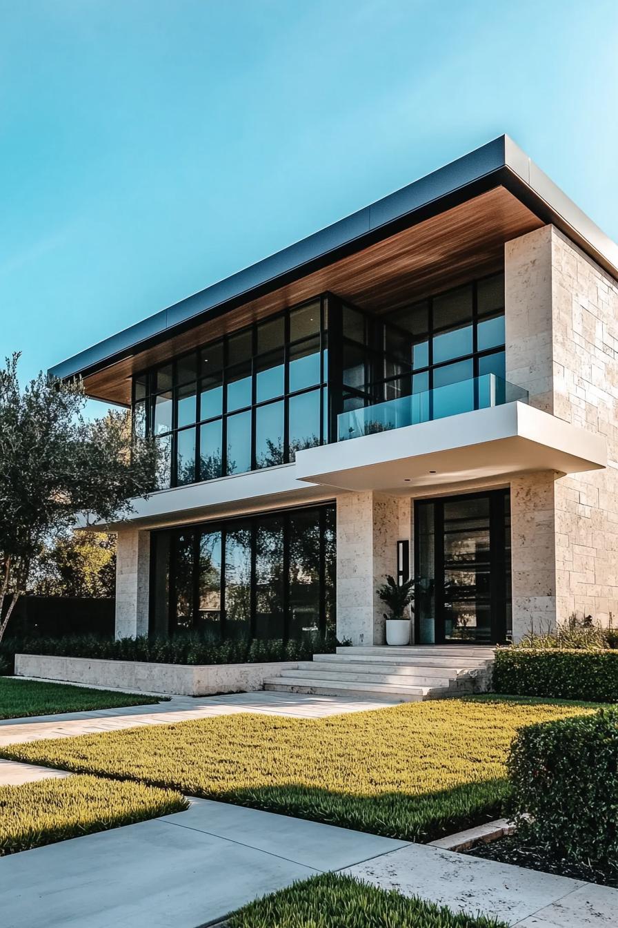 Contemporary home with large windows and stone walls