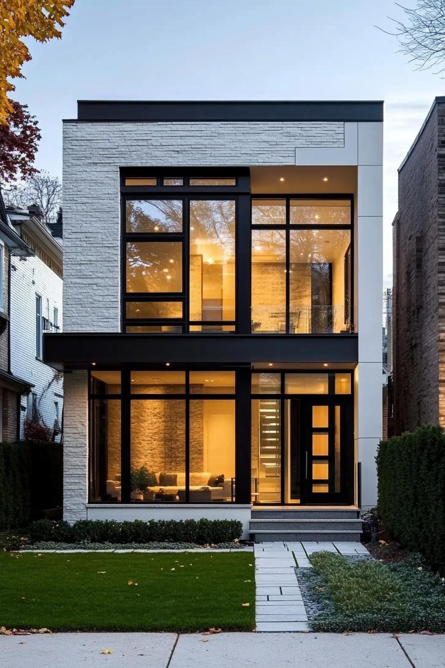 Modern house with large glass windows and a white stone facade