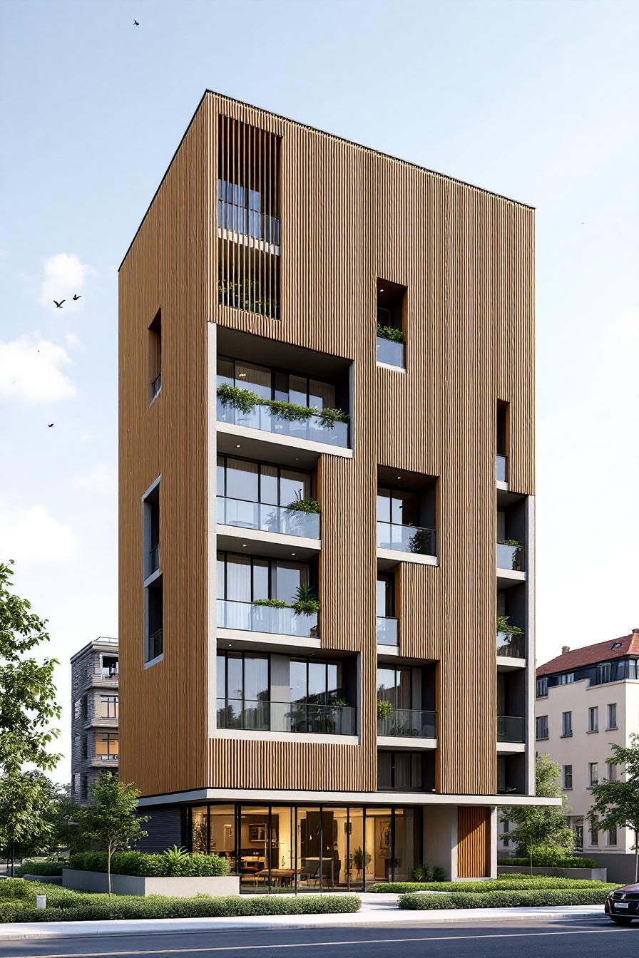 Modern wooden building with balconies and greenery