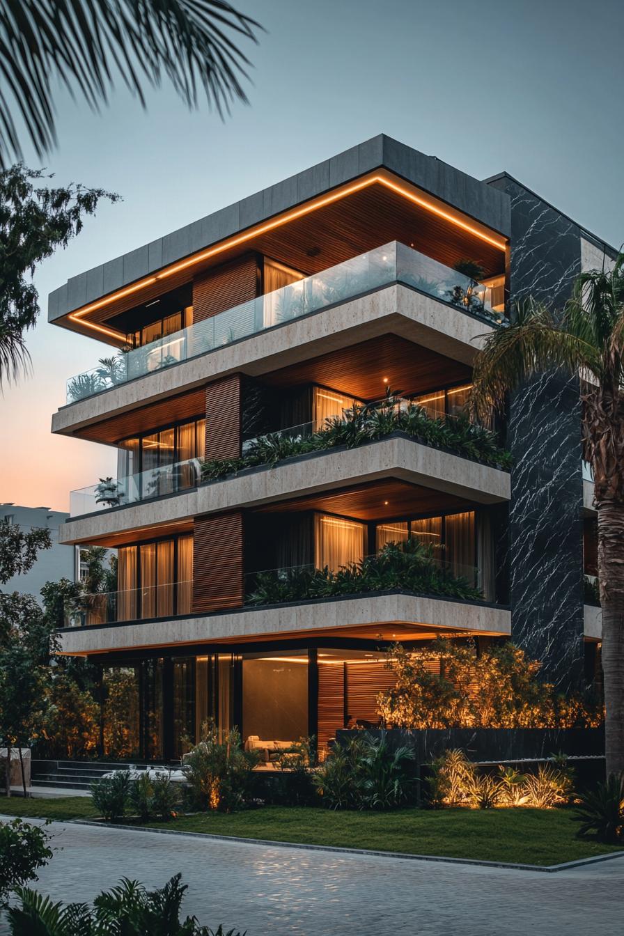 Elegant multi-tiered residential building with glowing lights and lush greenery