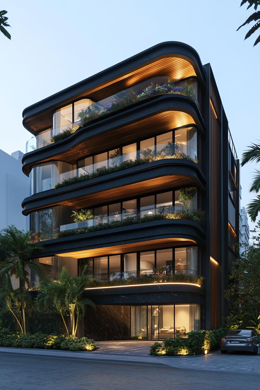 Stylish modern building with curved balconies and lush greenery