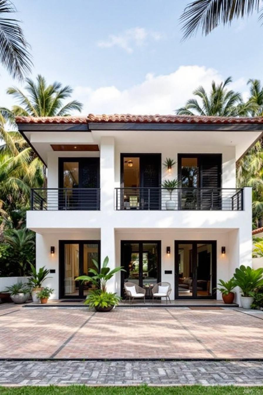 Tropical house with white facade and palm backdrop