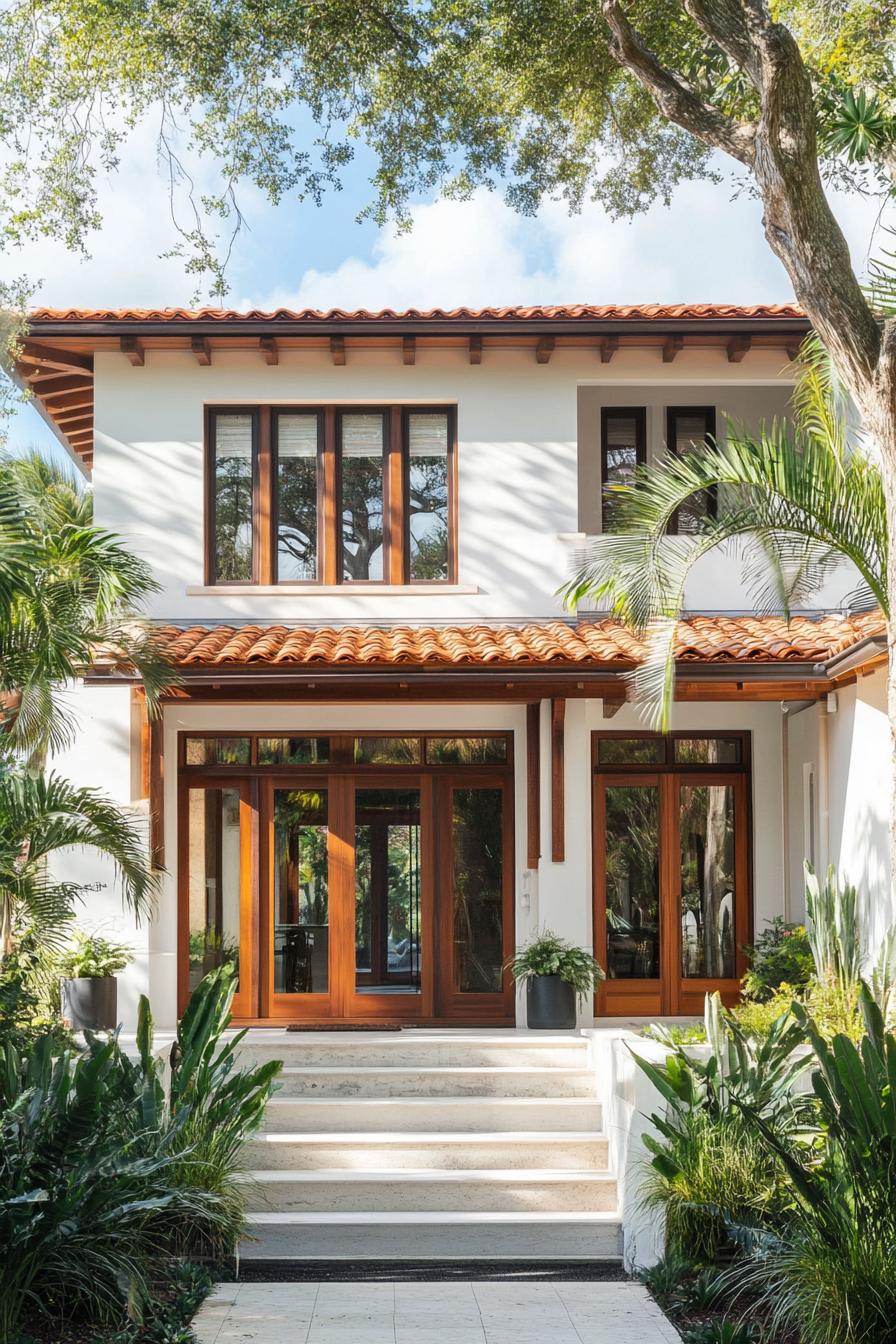 Two-story house with lush greenery and wooden accents