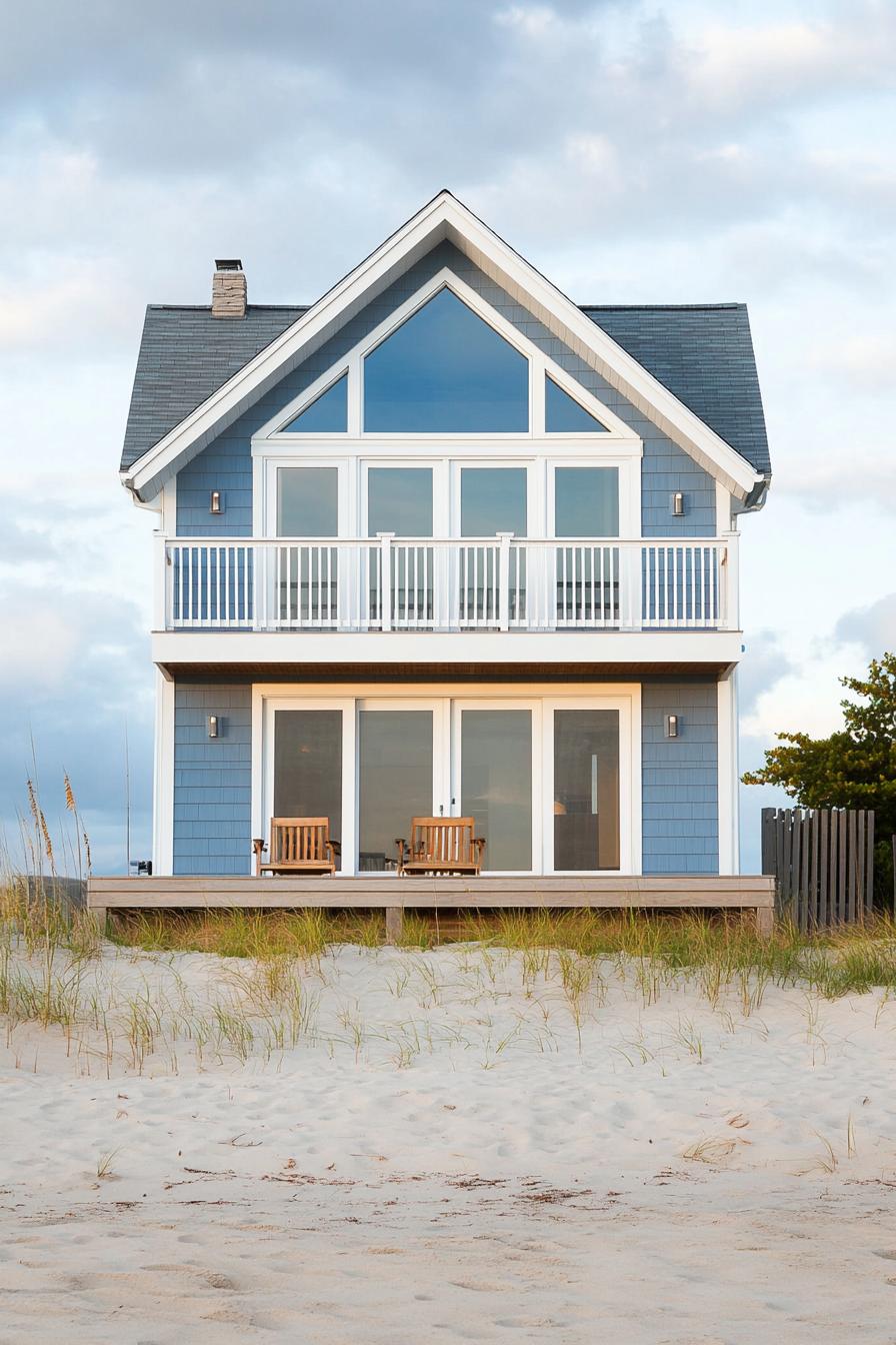 Small contemporary beach house vertical rectangular two story facade blue wooden siding elevated on a sandy beach. Symmetrical shape with upper