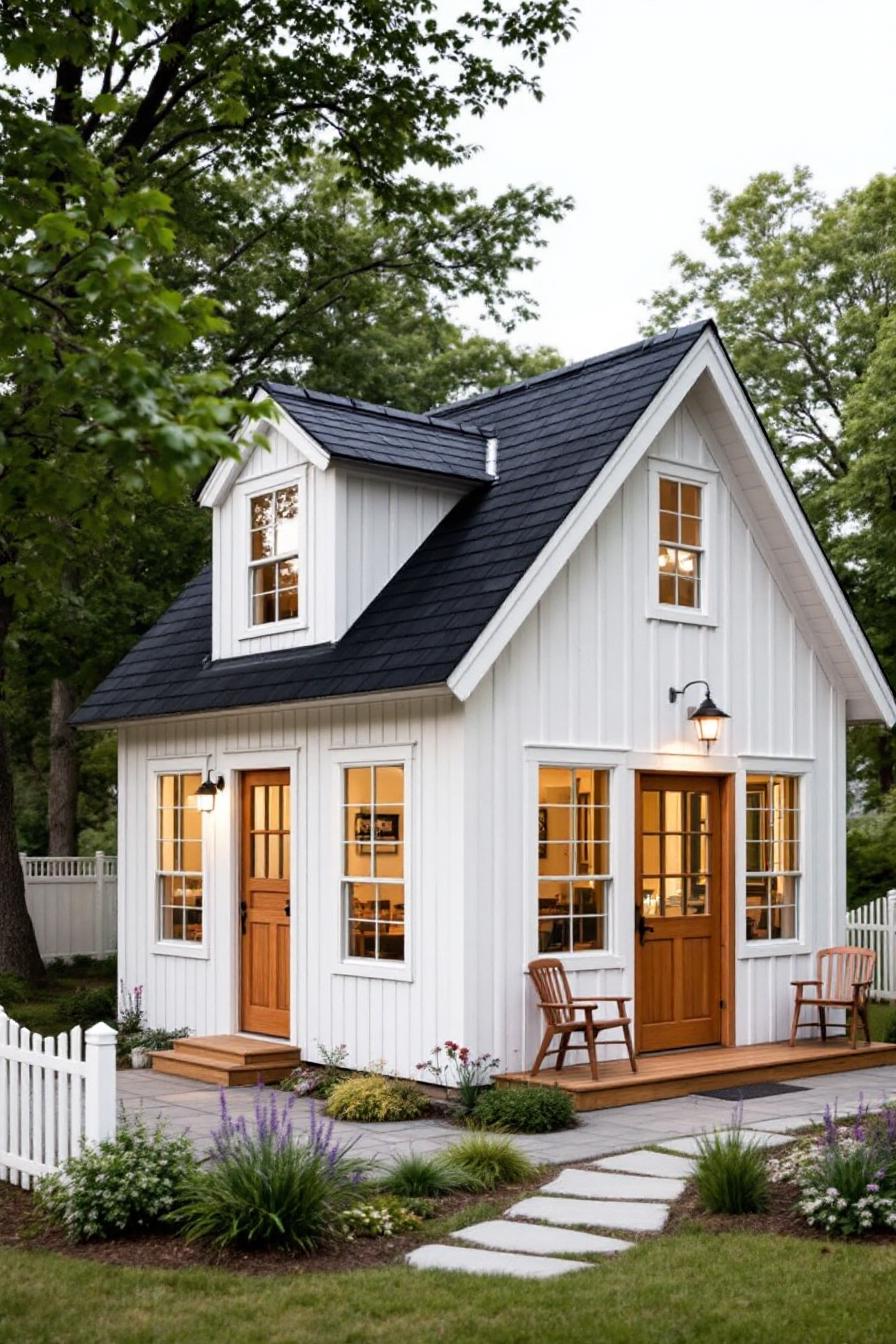 Small village house with a wooden porch and cozy gable roof