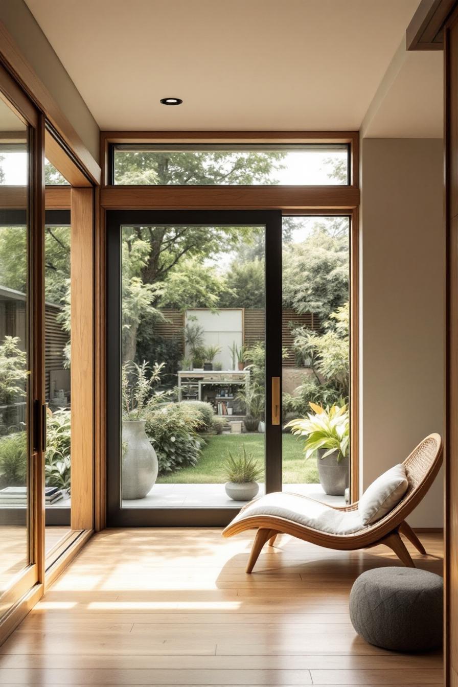 Wooden interior with a plush chaise and garden view