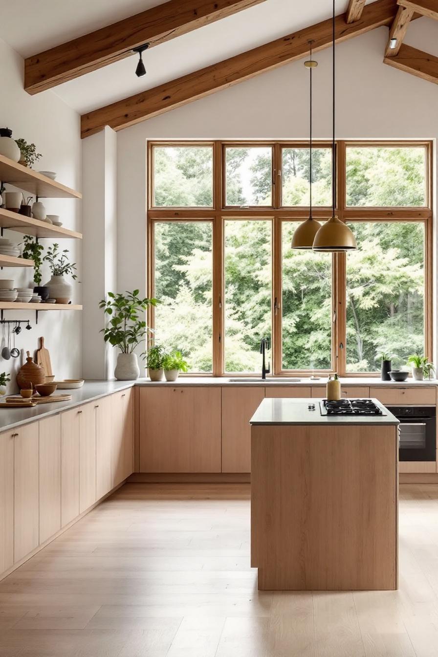 Spacious kitchen with light wood cabinets and large windows