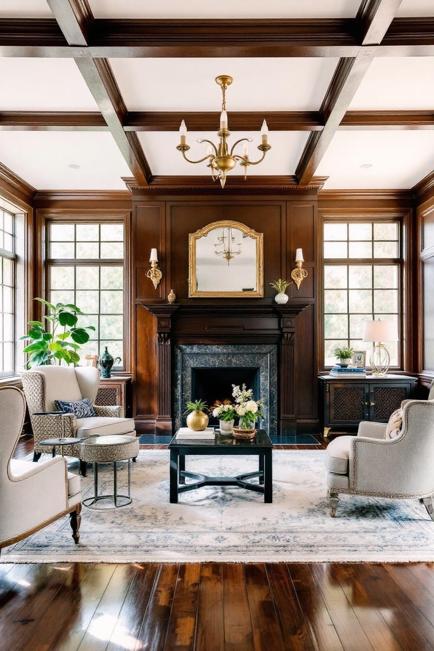 Traditional room with elegant wood paneling and chandelier