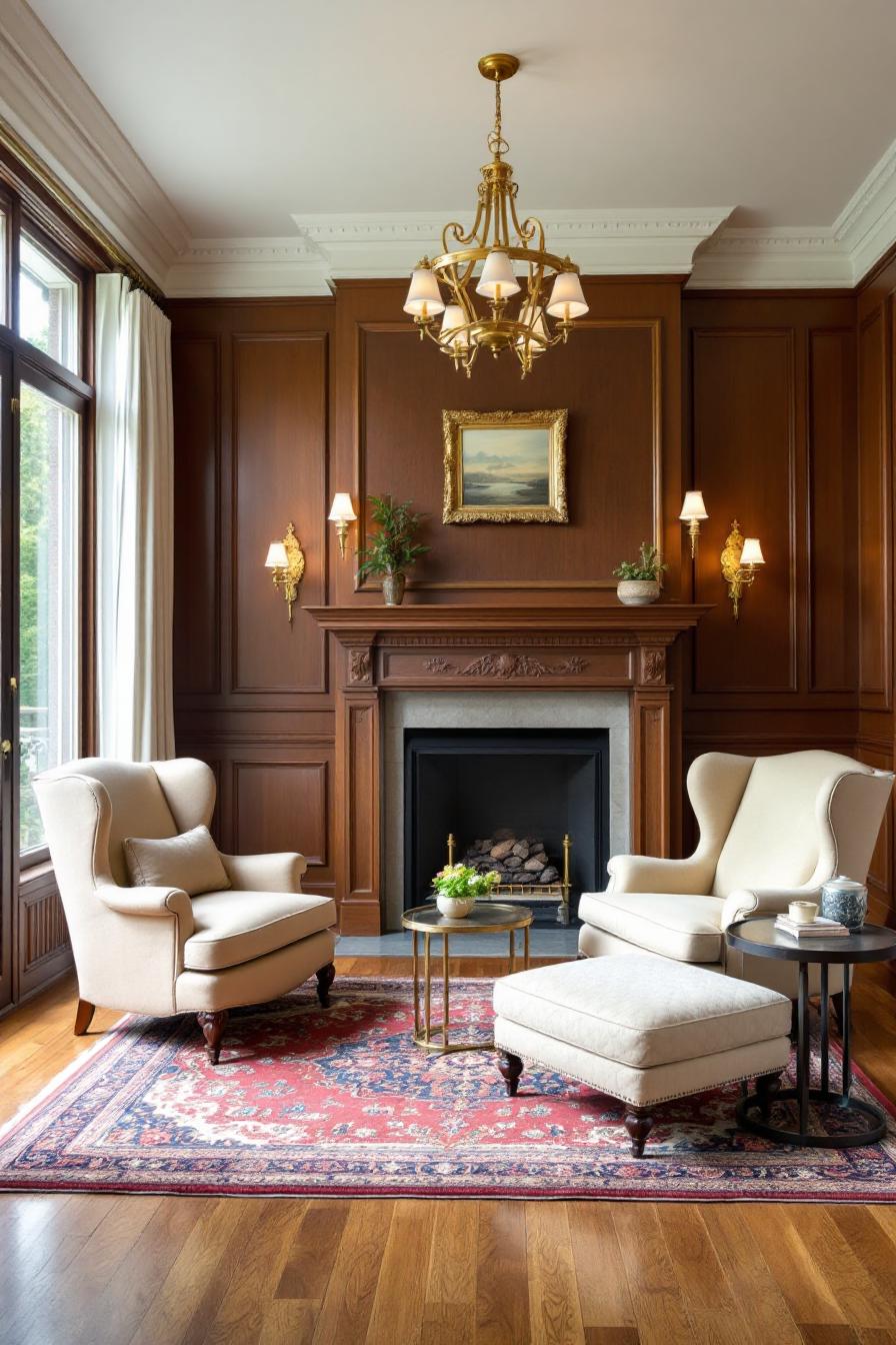 Cozy seating around a fireplace with wood paneling and chandelier