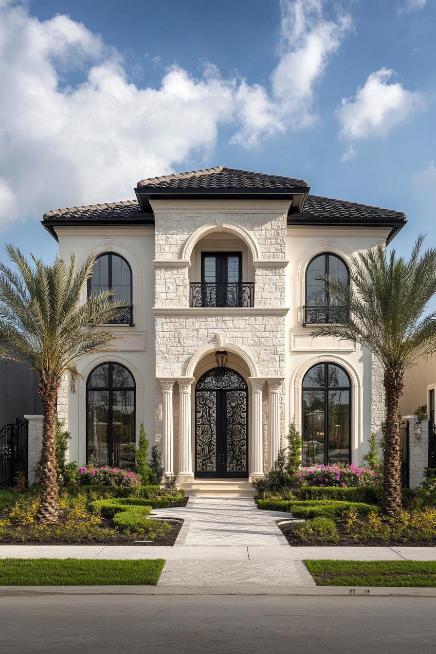 Luxury house with grand entrance and palm trees