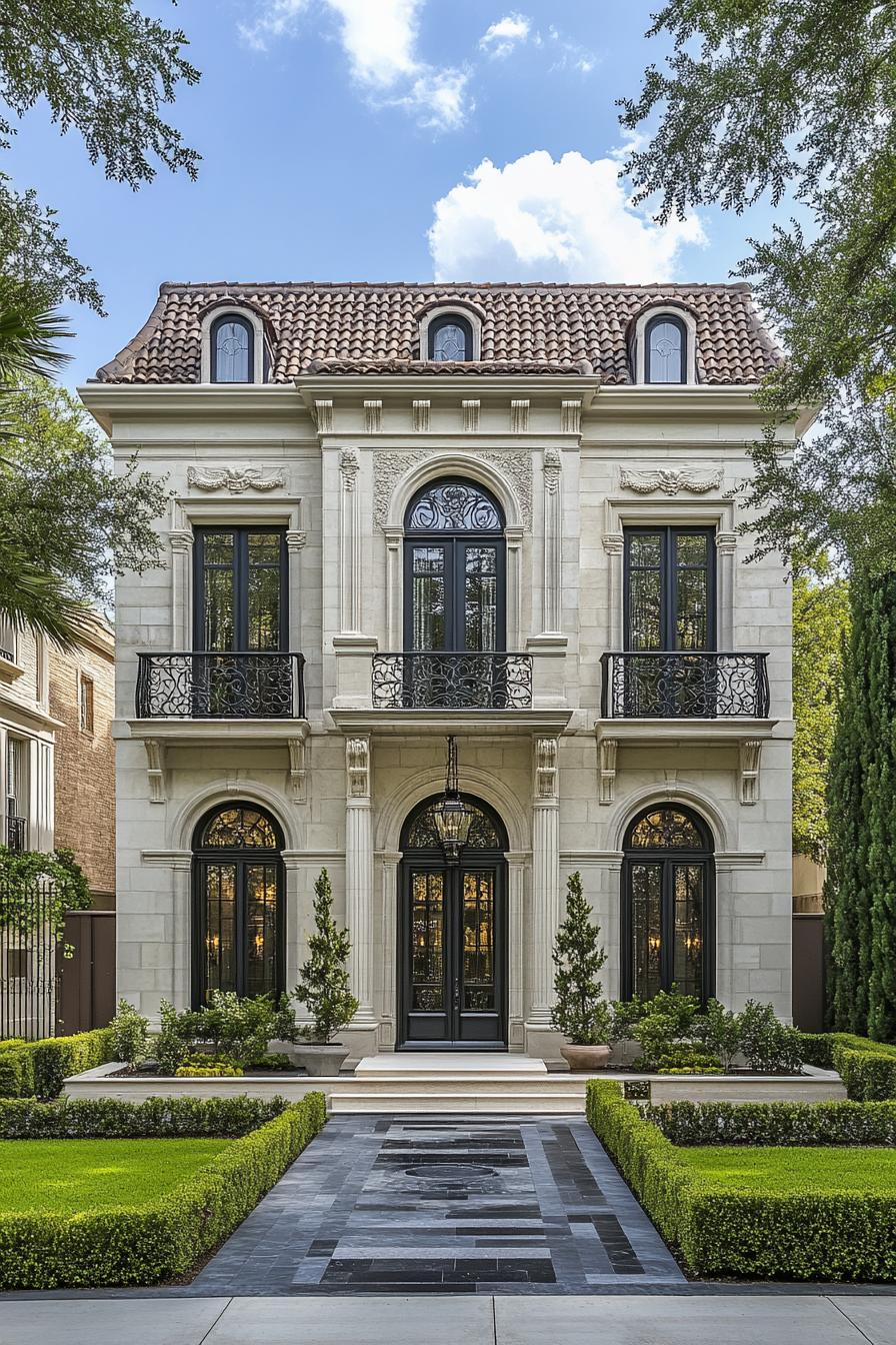 Elegant house exterior with symmetrical design and lush greenery