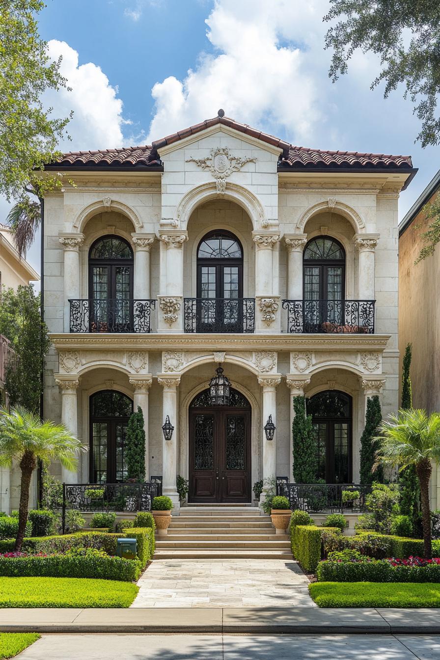 Elegant house with arched windows and lush garden